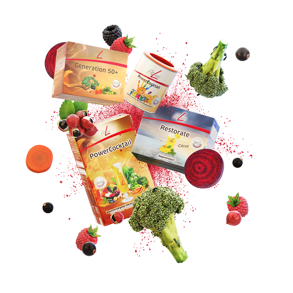 FitLine Optimal-Set Produktpaket mit PowerCocktail, Generation 50+ und Restorete, umgeben von frischem Obst und Gemüse