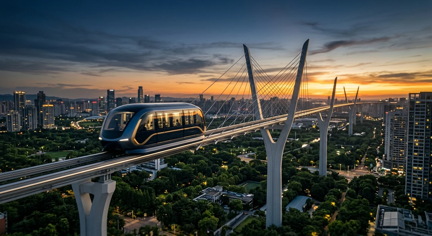 Futuristische aufgeständerte String-Hochbahn auf schlanken Stützen über einer grünen Stadtlandschaft bei Dämmerung