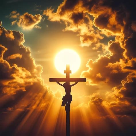 Silhouette von Jesus am Kreuz vor einer leuchtenden Sonne mit goldenen und orangefarbenen Wolken